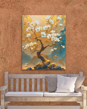 a painting of a tree with white flowers