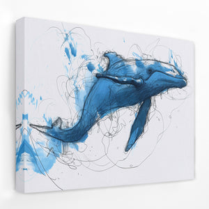 a painting of a blue whale on a white wall