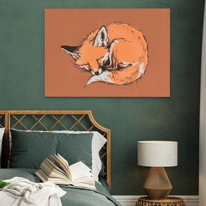 a painting of a fox on a wall above a bed