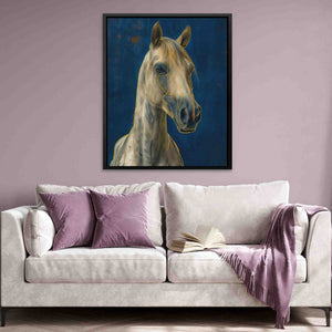 a painting of a horse on a wall above a couch