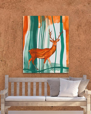 a painting of a deer on a wall next to a bench