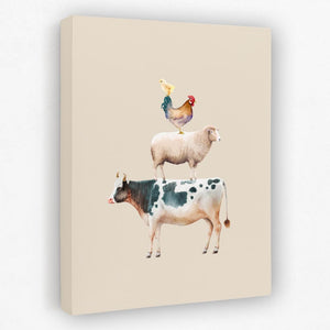 a painting of a cow and a chicken sitting on top of each other