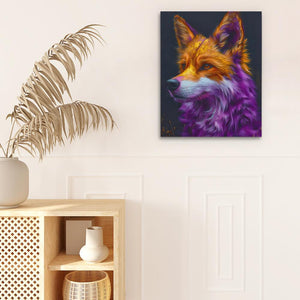 a painting of a fox on a wall next to a potted plant