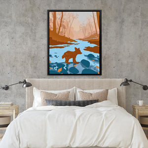 a bedroom with a bed and a painting on the wall