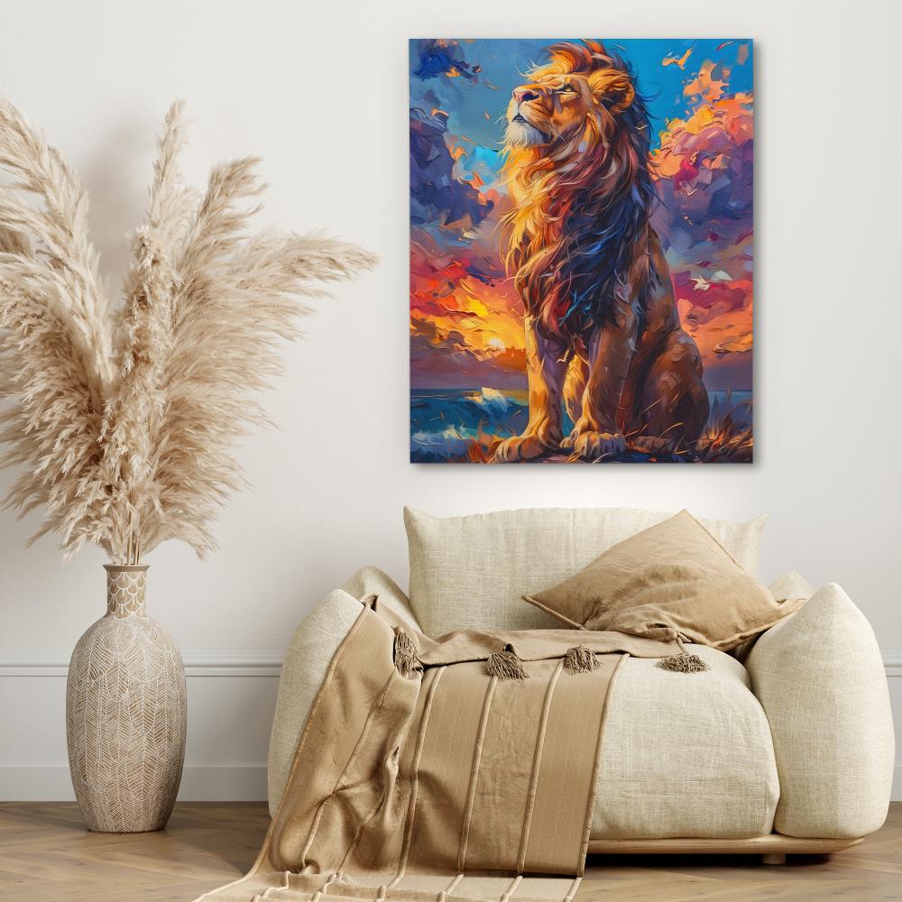 a painting of a lion sitting on a rock