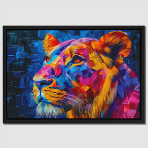 a painting of a colorful lion on a blue background