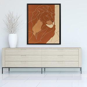 a picture of a lion on a wall above a dresser