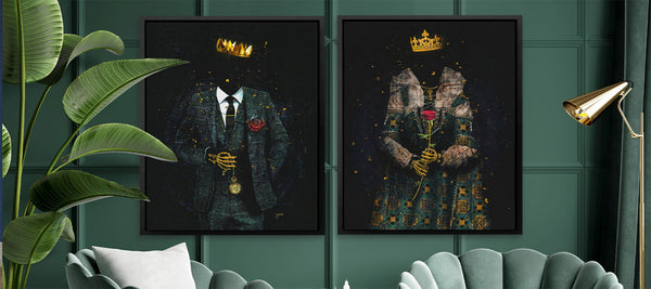 Striking wall art depicting a king and queen in an enchanting scene