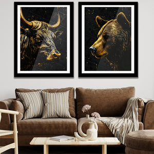 Wall Street Warriors Semi-Gloss Bull and Bear Art Set - Luxury Wall Art 