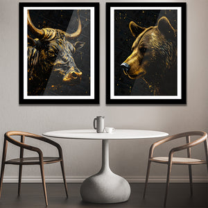 Wall Street Warriors Semi-Gloss Bull and Bear Art Set - Luxury Wall Art 