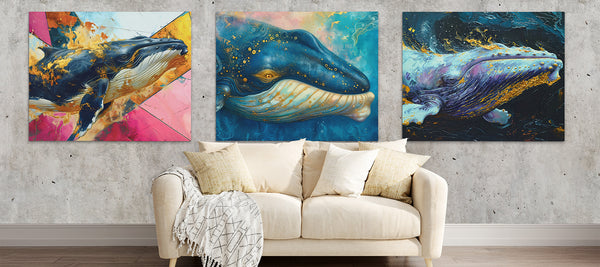 Expansive artwork of a whale breaching the surface, surrounded by waves and marine life.