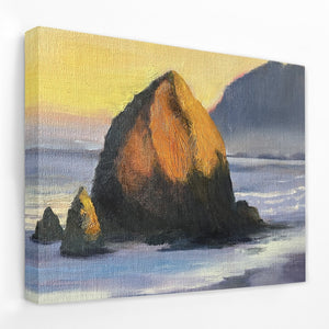 a painting of a rock in the ocean