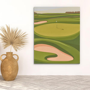 a painting of a golf course with a palm tree in the foreground