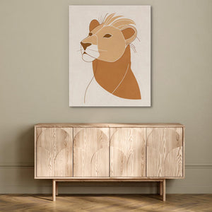 a picture of a lion on a wall above a dresser