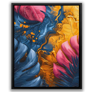 an abstract painting of pink, blue and yellow leaves