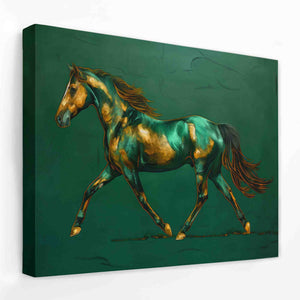 a painting of a running horse on a green background
