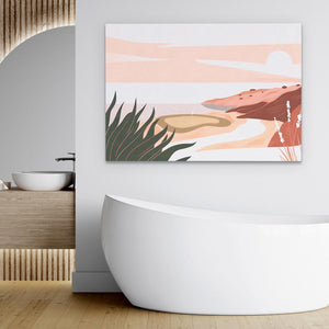 a bathroom with a bathtub and a painting on the wall