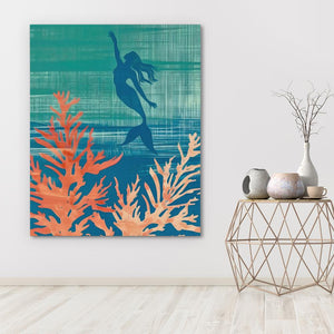 a painting of a woman swimming in the ocean