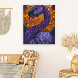 a painting of a purple bird on a white wall