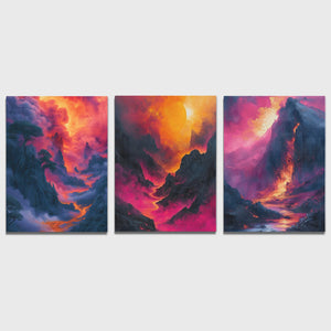 a set of three paintings of mountains and clouds