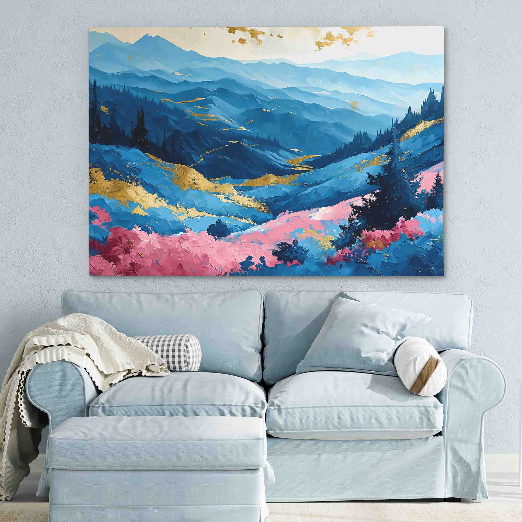 a painting of a mountain landscape with blue and pink colors
