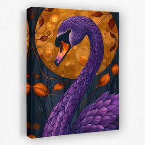 a painting of a purple swan in front of a full moon