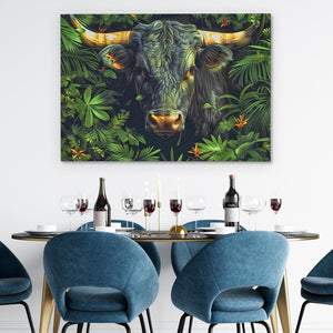 a painting of a bull is hanging above a dining room table