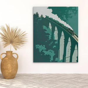 a painting of a train going over a bridge