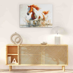 a painting of a horse running on a white wall