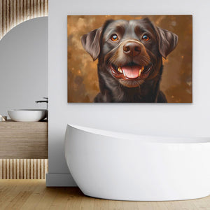 a painting of a dog is hanging on a wall