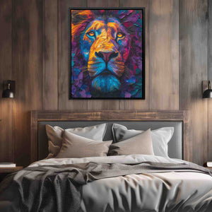 a painting of a lion on a wall above a bed