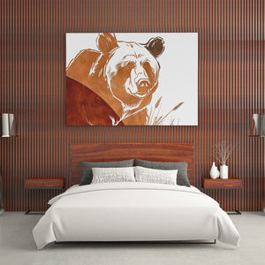 a bedroom with a painting of a bear on the wall