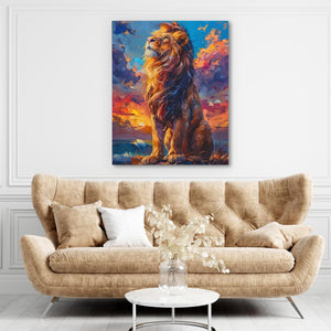 a painting of a lion sitting on top of a couch