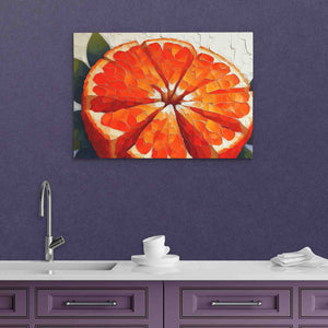 a painting of an orange on a purple wall