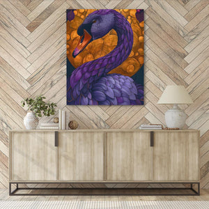 a painting of a purple swan on a herringbone wall