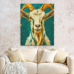 a painting of a goat on a wall above a couch