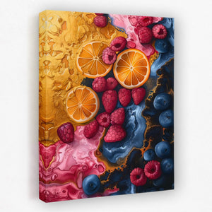 a painting of oranges, raspberries and blueberries