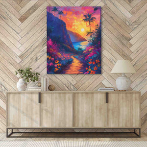 a painting of a tropical sunset on a wall