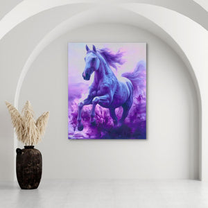 a painting of a horse on a wall next to a vase