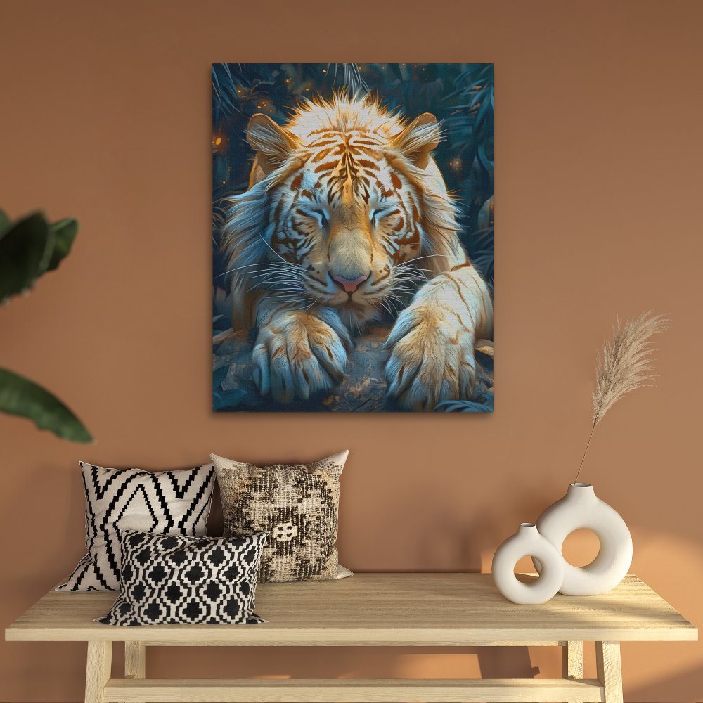 a painting of a white tiger laying down