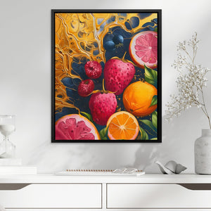 a painting of fruit on a wall above a dresser