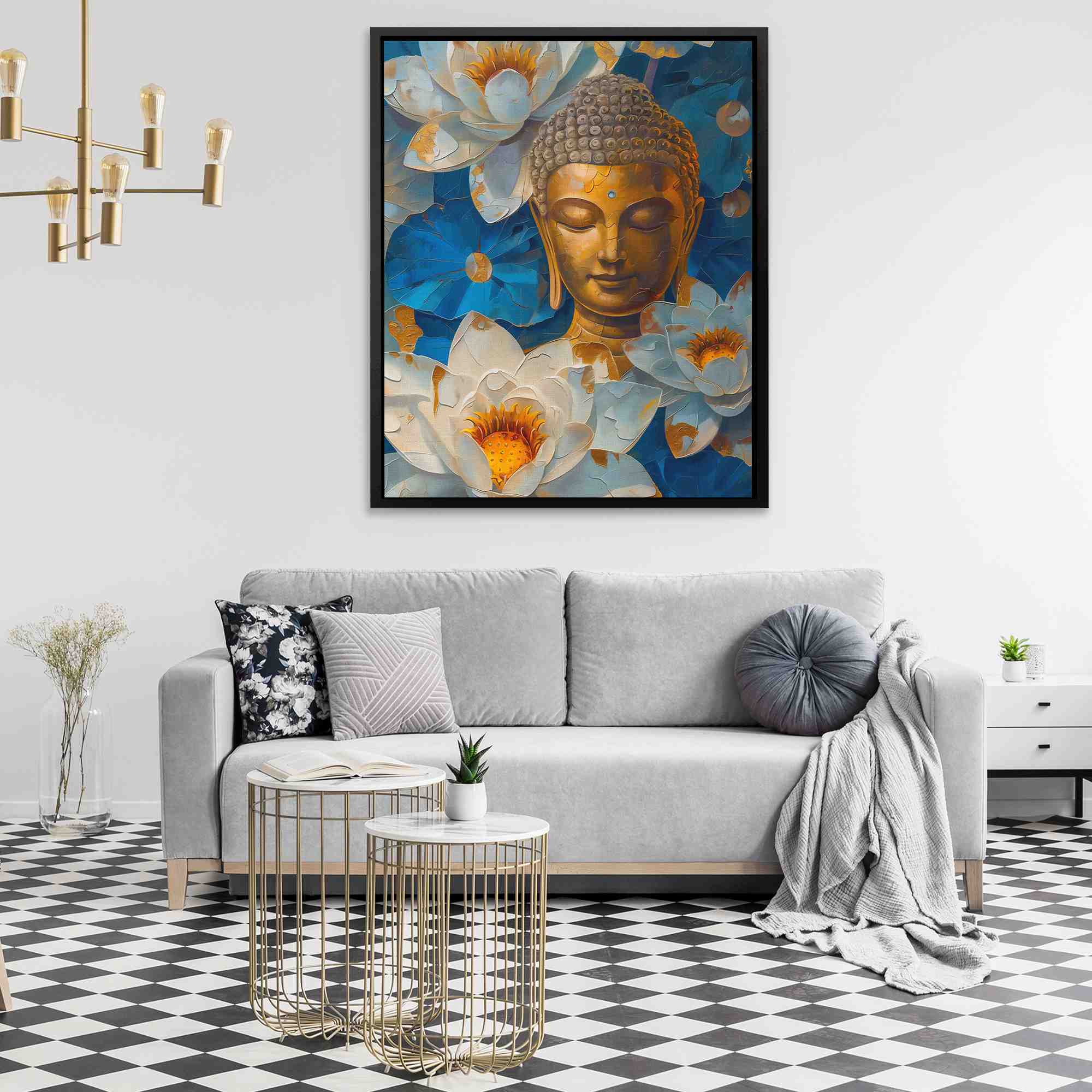 a painting of a buddha statue surrounded by flowers