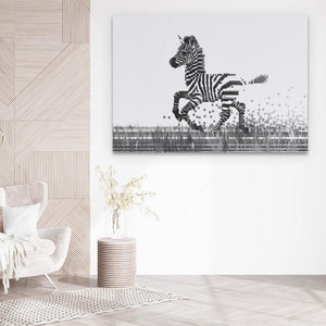 a room with a chair and a zebra on the wall