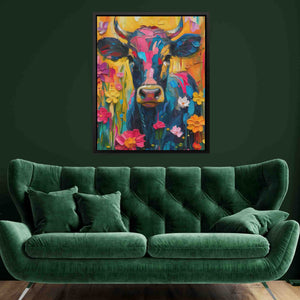 a living room with a green couch and a painting of a cow