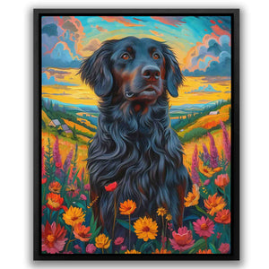 a painting of a black dog in a field of flowers