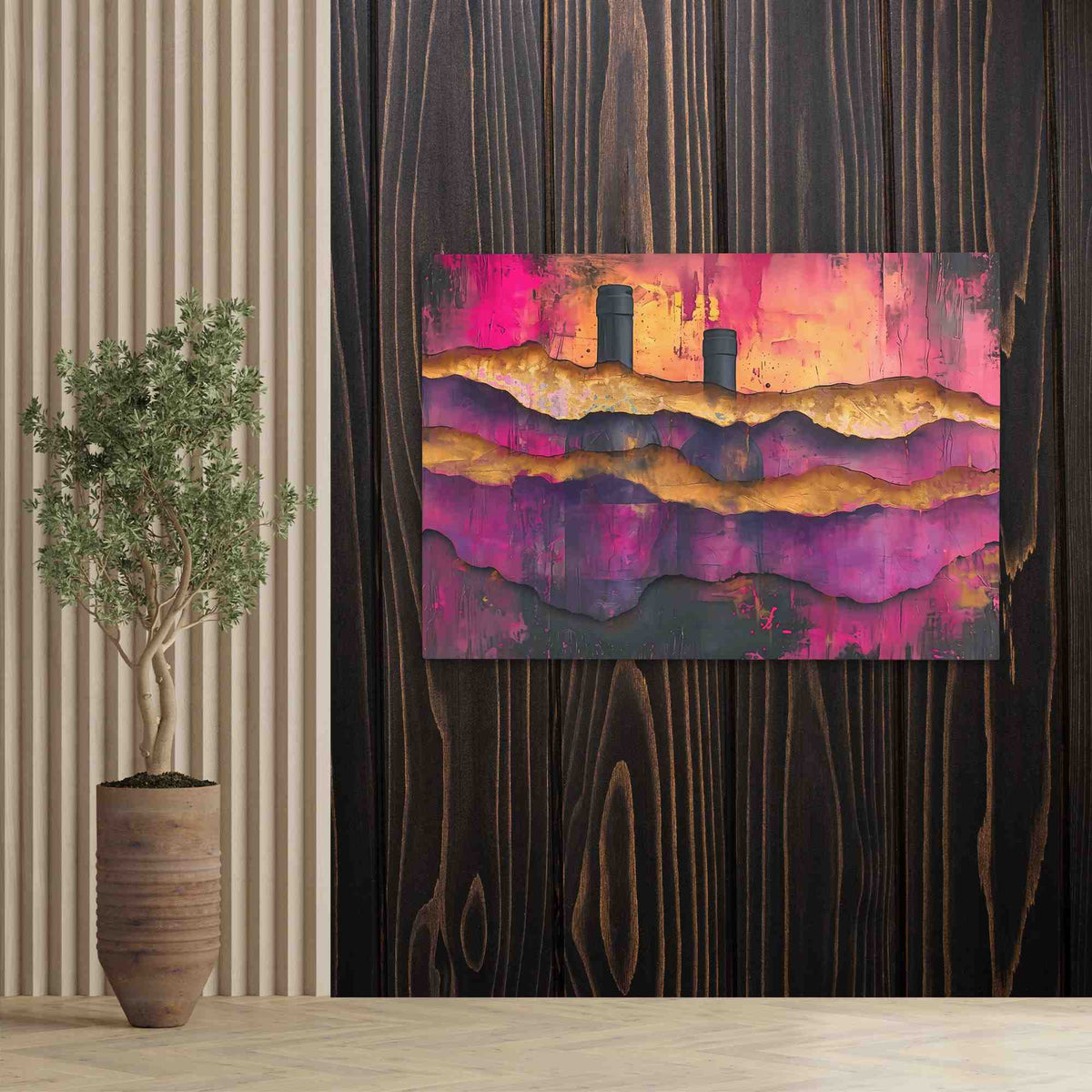 a painting on a wall next to a potted plant