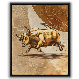 a painting of a bull running across a field