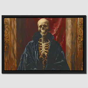 a painting of a skeleton sitting in a chair