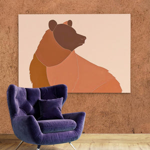 a purple chair sitting in front of a painting of a bear