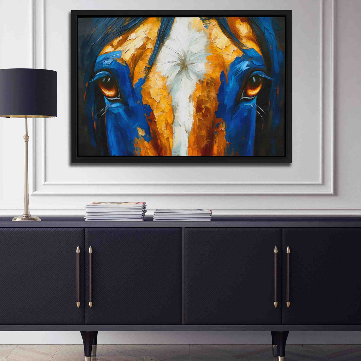 a painting of a horse&#39;s face on a wall